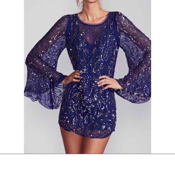 Free People Dresses & Skirts - Free People Sequin Sparkle Bow Blue Bell Sleeve Size M Dress!